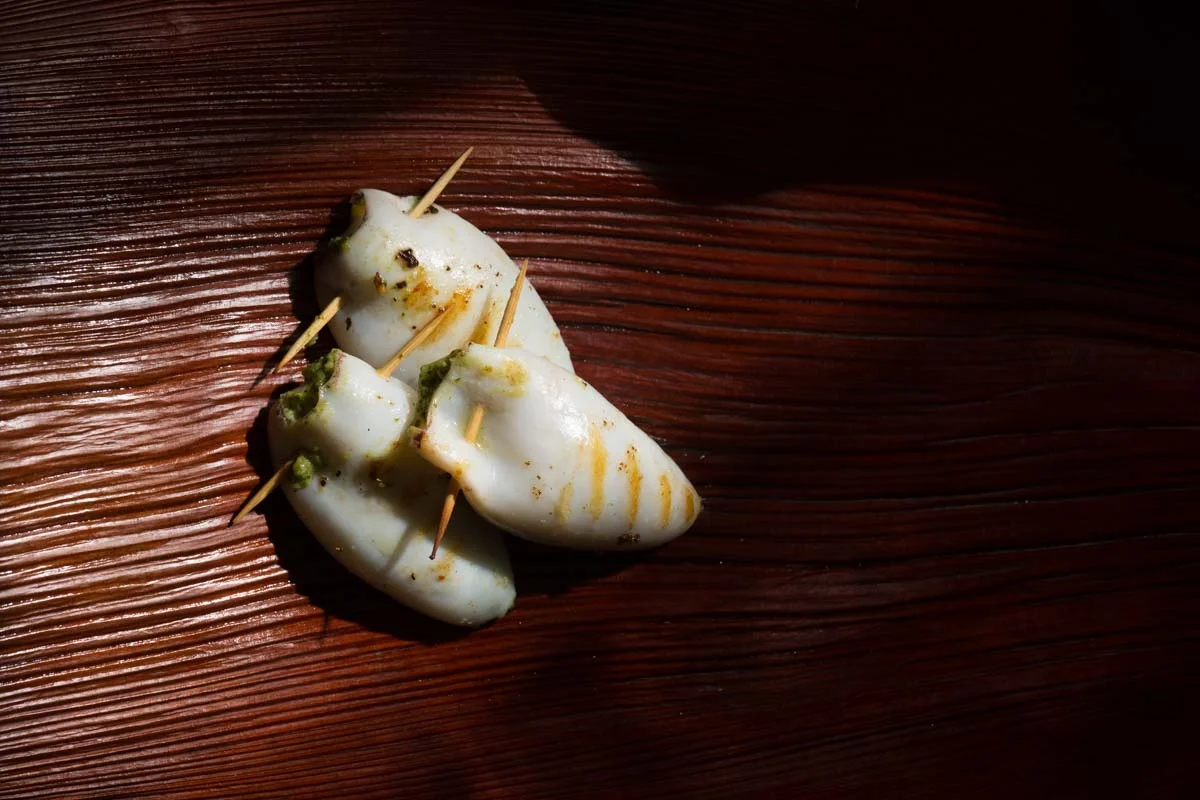 Barbeque Squid stuffed with macadamia pesto