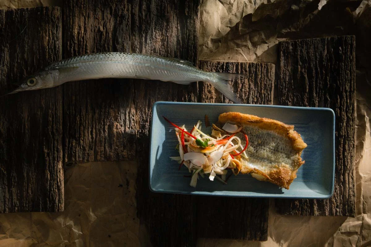 Crisp fried Garfish with green mango and coconut salad, tamarind lime and palm sugar dressing