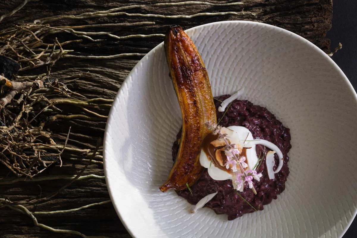 Black stick rice with coconut, thick caramel, kaffir lime leaf and caramelised banana