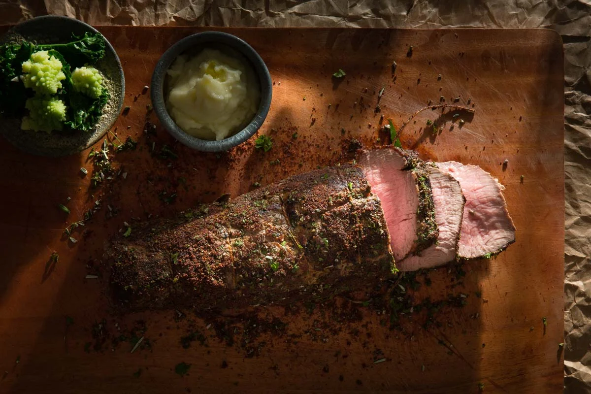 Sumac and herb rubbed rib eye loin served with truffle mash potatoes, steamed romanesco and kale