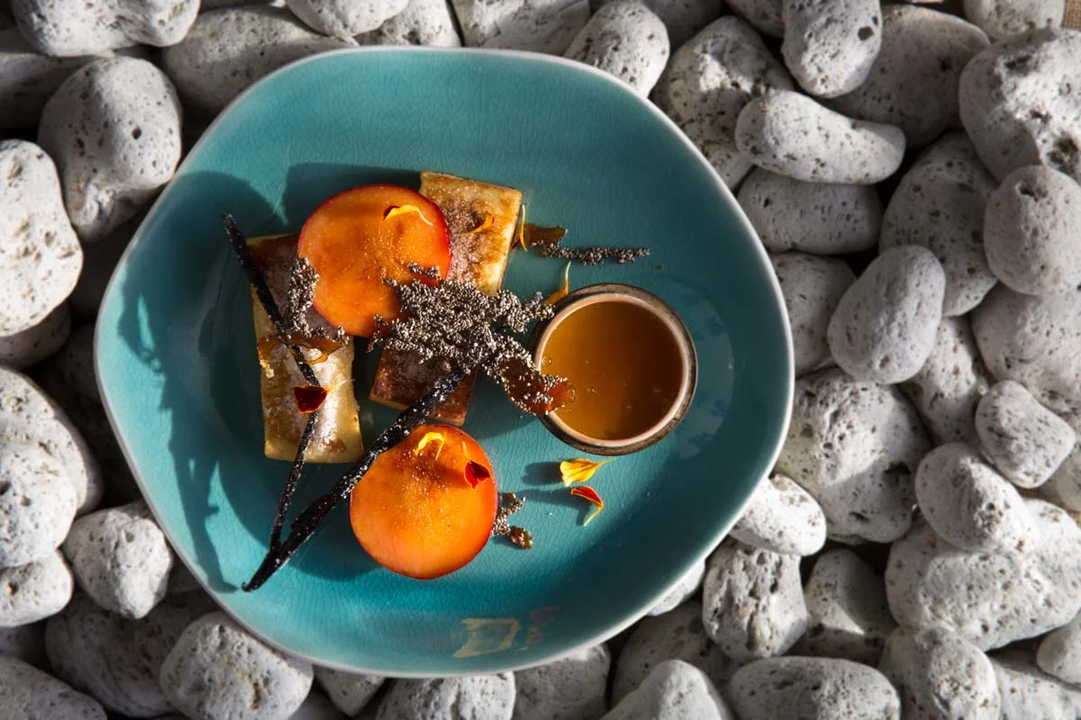 French toast with Cinnamon sugar, Caramelised plumb, Jacks local honey and Toffee Chia seeds