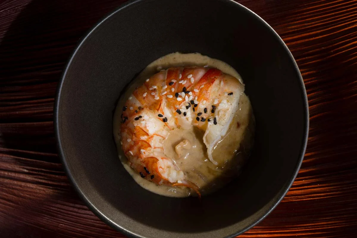 Butter and sesame seared cray fish with coconut, palm sugar and lemongrass curry