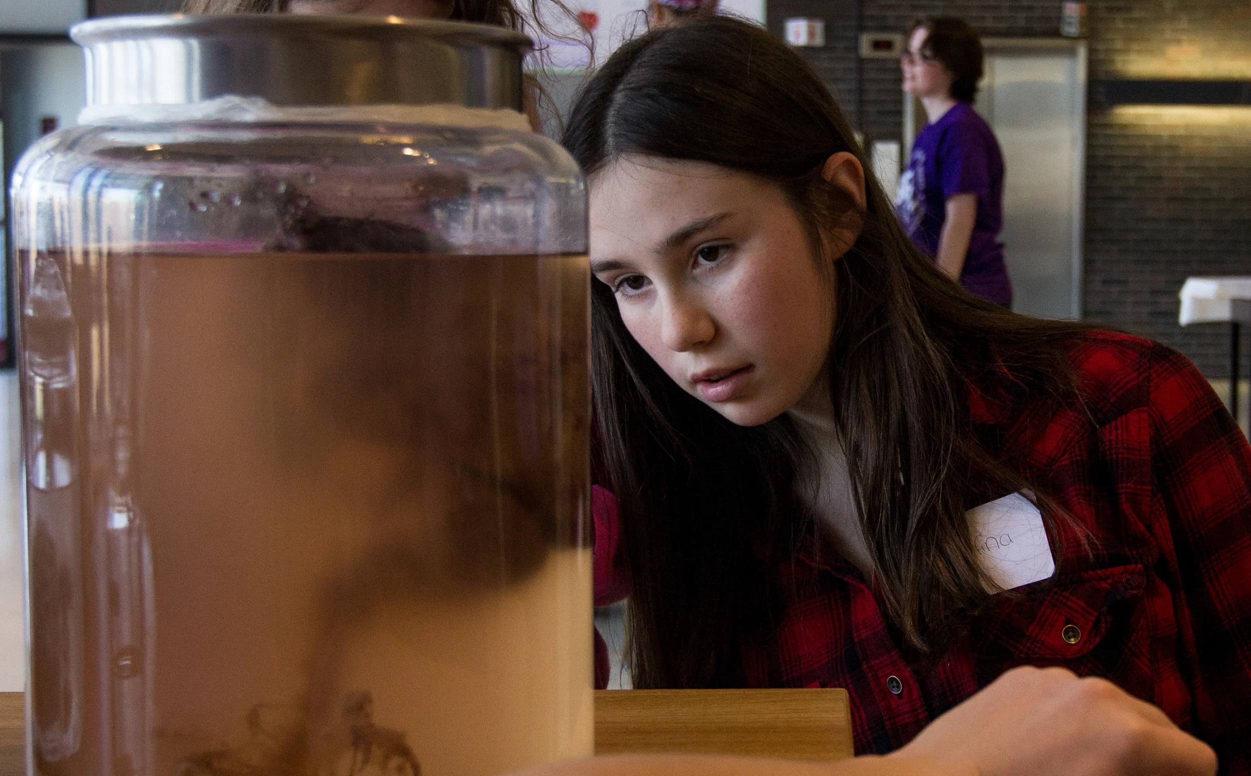 Sarahfina Madden, 11, looks at a human brain during Boston University's B.R.A.I.N. (Bringing Recognition and Interest to Neuroscience) Day April 10, 2016 in Boston University's George Sherman Union in Boston, Mass.