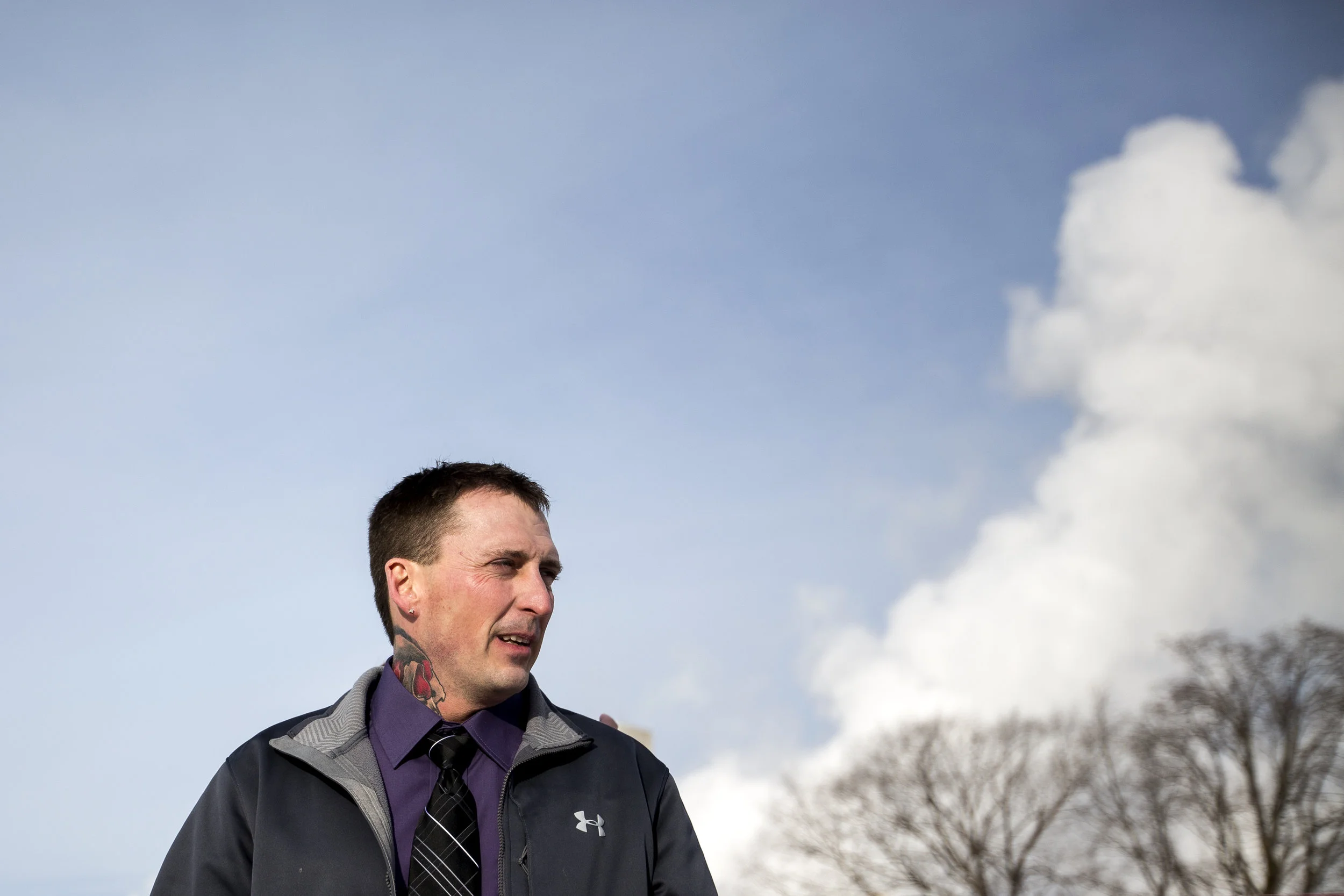 Kyle Keding looks towards the Wood County Courthouse before walking in to his sentencing in Wisconsin Rapids, Wis., February 5, 2018.