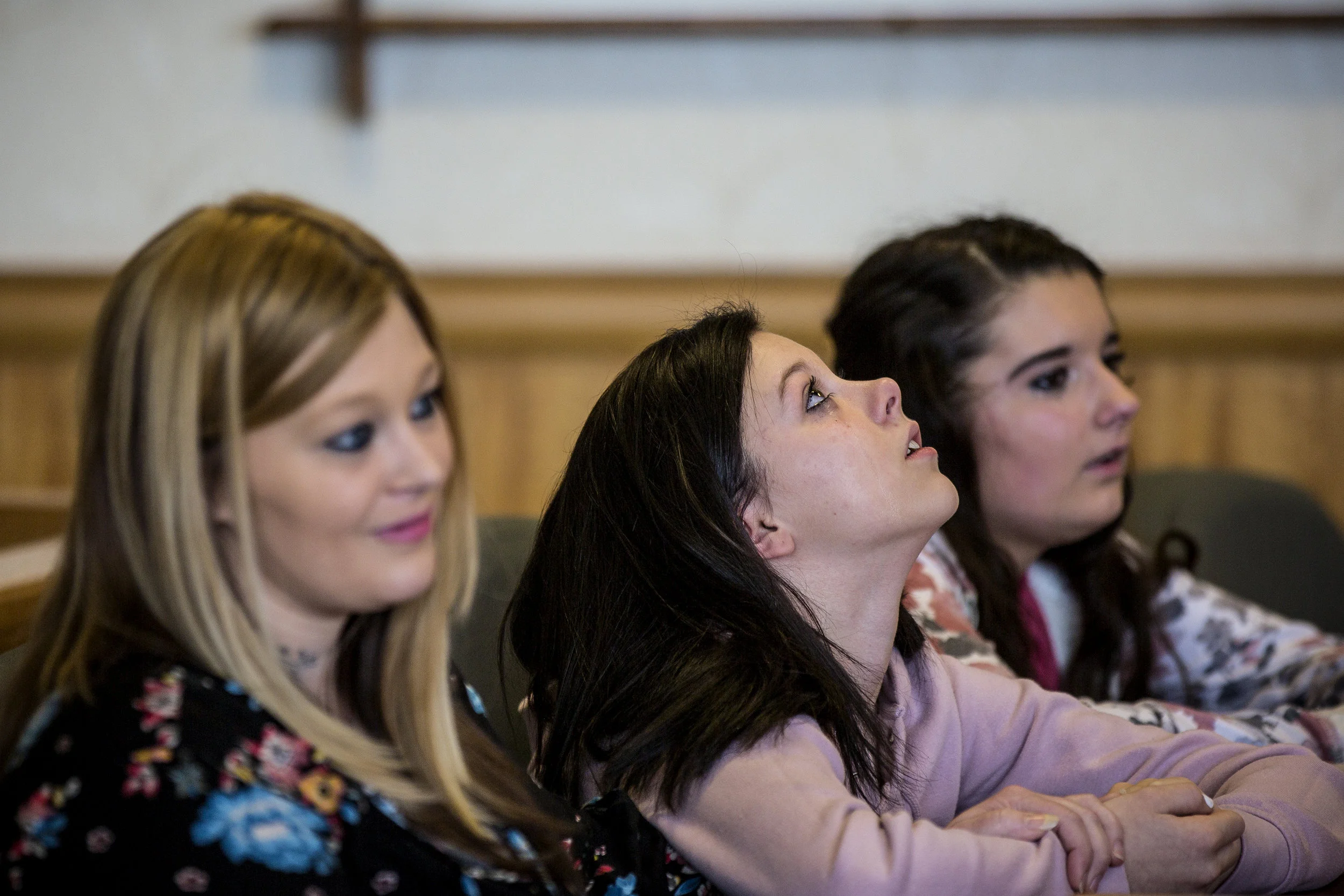 Julie Straw, from left, her daughter Jayda Morrison, and Maryah Ferk, Daniel Martz's niece react at the Wood County Courthouse in Wisconsin Rapids, Wis., February 5, 2018, as the judge sentences Kyle Keding to three years in prison followed by five years of extended supervision. "Three years isn't a long time. Three years have gone by and Jayda hasn't even started to heal. Nine years would be more like a long time: one year for every year that she actually got to spend with her father," Straw said in a statement to the judge at the sentencing.