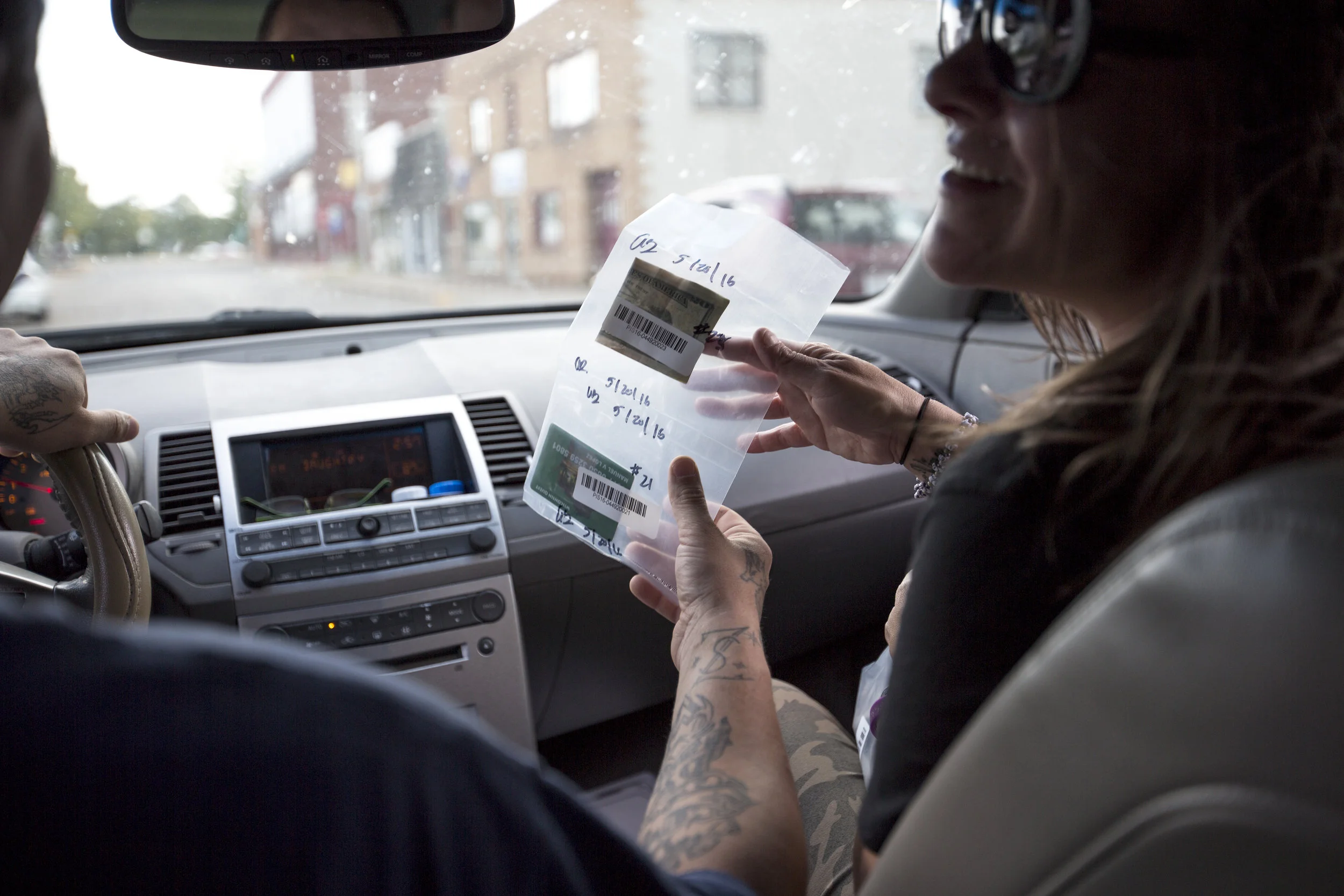 Palmieri and Lopez drive home from the Portage County Jail where they collected the things they had on them when they were arrested last year, which included a $20 bill, a credit card, and their cell phones that still had messages from their dealer on them. 