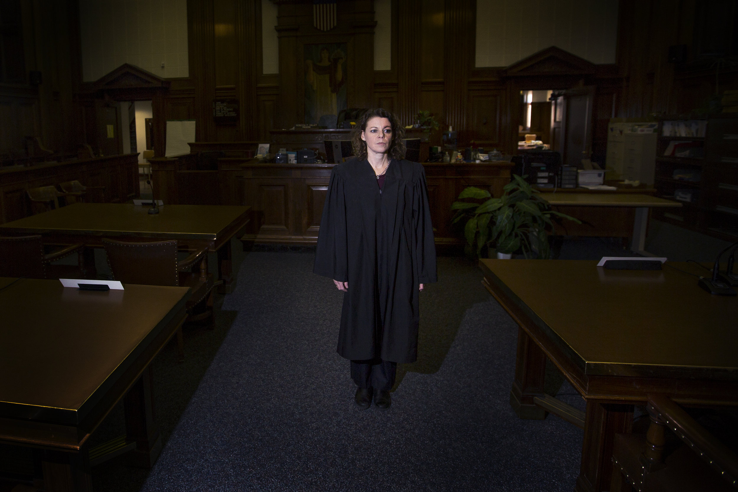Wisconsin Supreme Justice-Elect Rebecca Dallet poses for a portrait in her courtroom in Milwaukee, Wis., Febraury 16, 2018. Ms. Dallet has faced online harassment and discrimination, which she says detracts from her work focusing on cases involving