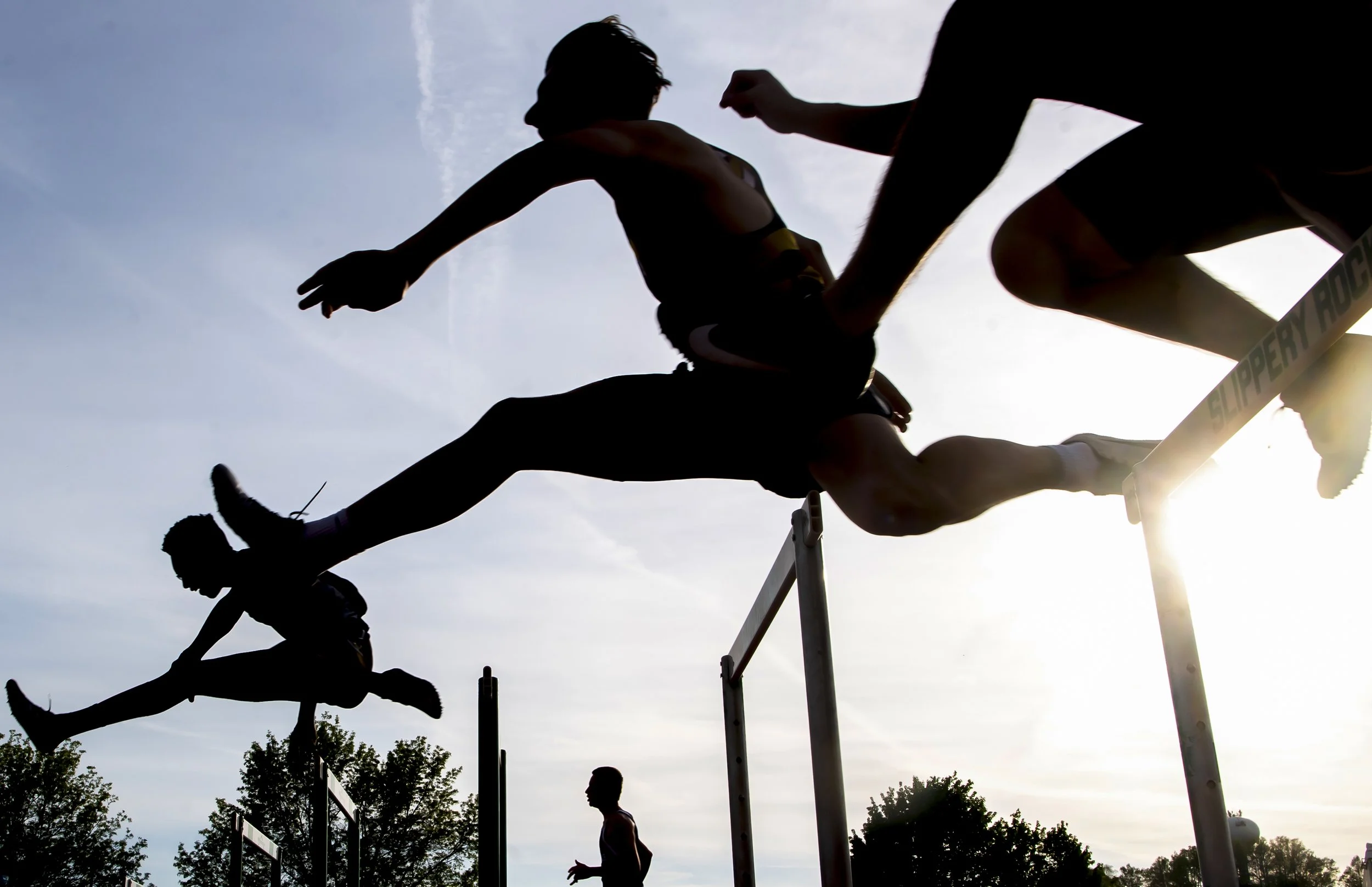  Athletes complete in the 300-meter hurdles at the WPIAL Class 3A individual championships, Wednesday, May 19, 2021, at Slippery Rock University in Slippery Rock, Pa.  
