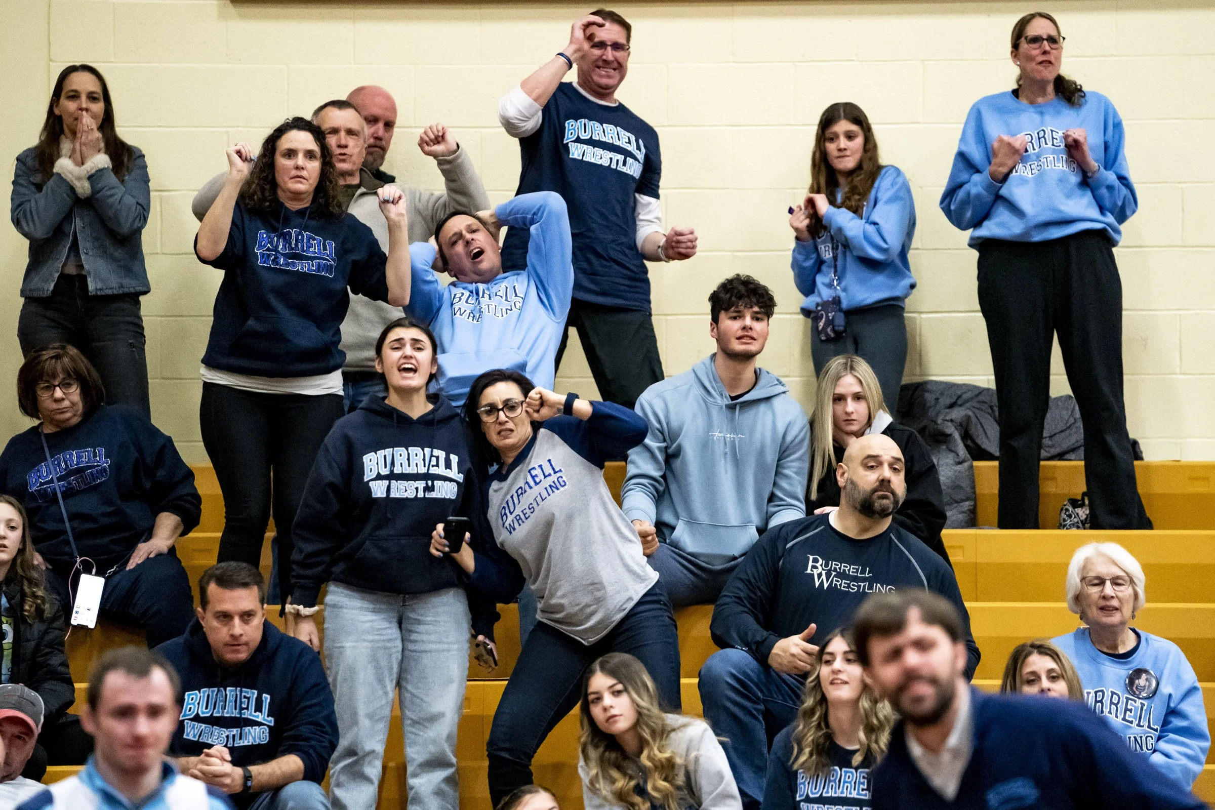  Burrell fans react to a match during the WPIAL Class 2A team wrestling final against Quaker Valley, Saturday, Feb. 5, 2022, at Chartiers Houston High School in Houston, Pa. 