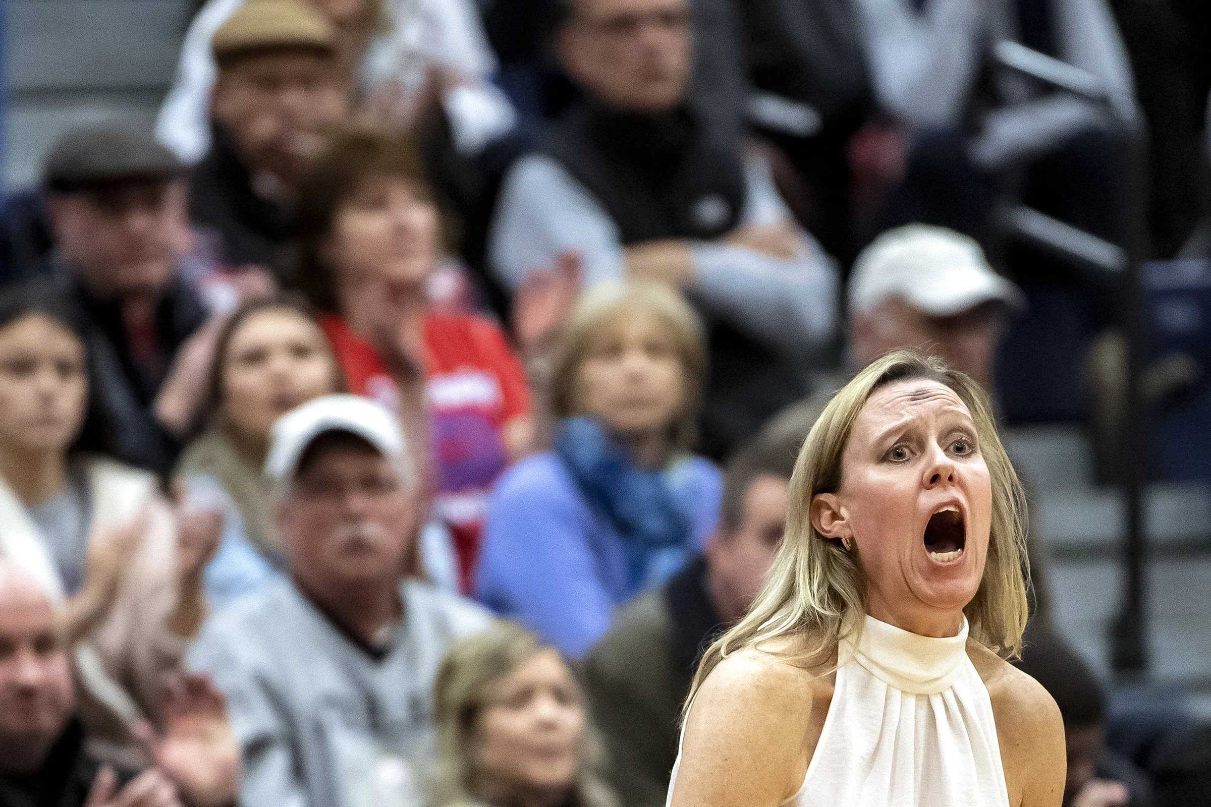  Thomas Jefferson head coach Lisa Fairman reacts to a play in the WPIAL Class 5A semifinal against Chartiers Valley, Wednesday, Feb. 26, 2020, at Mt. Lebanon High School in Mt. Lebanon, Pa. 