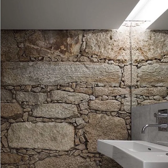 Bringing the outdoors, in. #granite #graniterockwall #bathroom #bathroomdesign #interiordesign #inspiration #sourceunknown