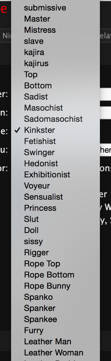 Screenshot of identity options on Fetlife.com