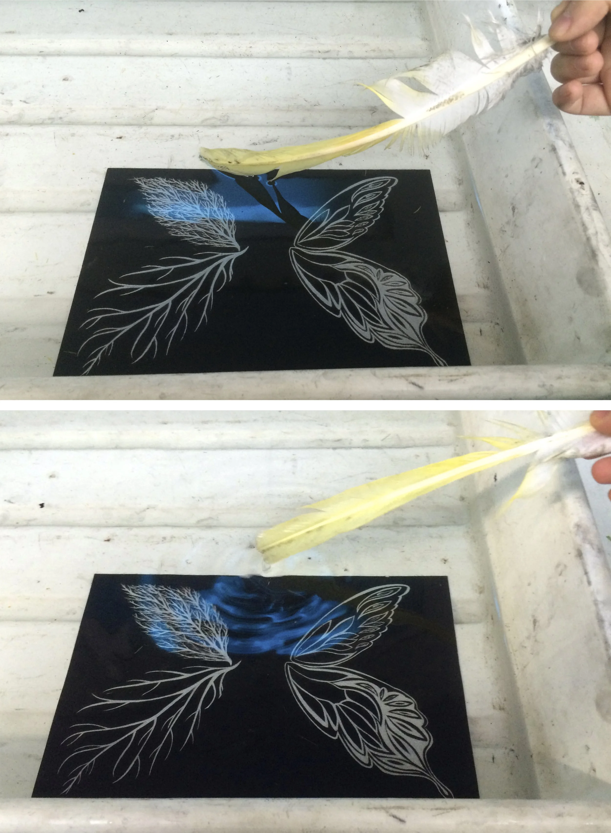  用羽毛轻刷去气泡 