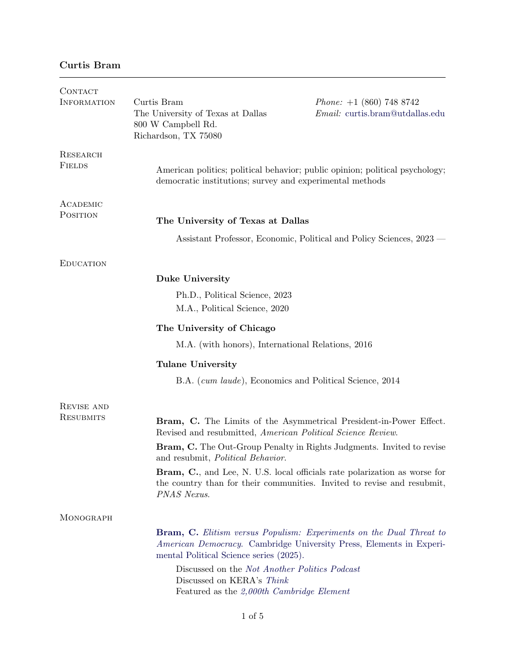 Page 1 of Curtis Bram's curriculum vitae