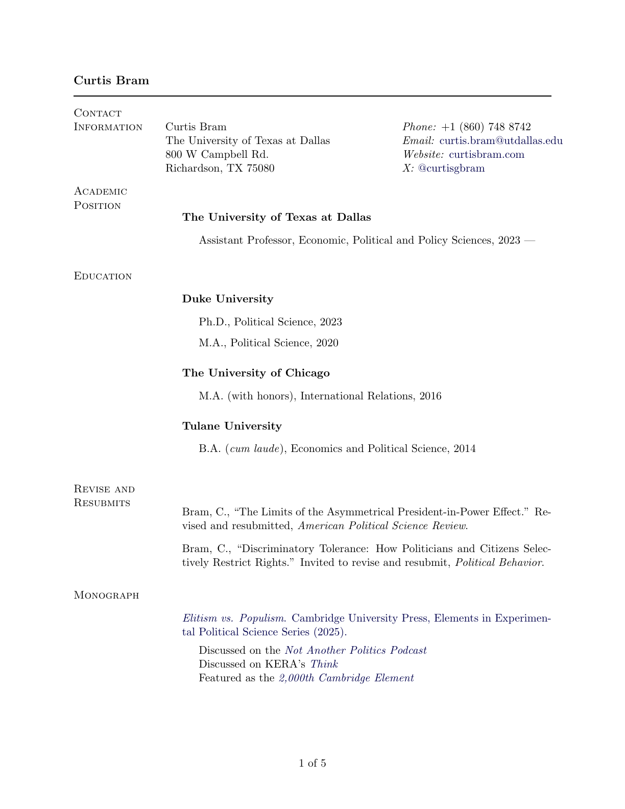 Page 1 of Curtis Bram's curriculum vitae