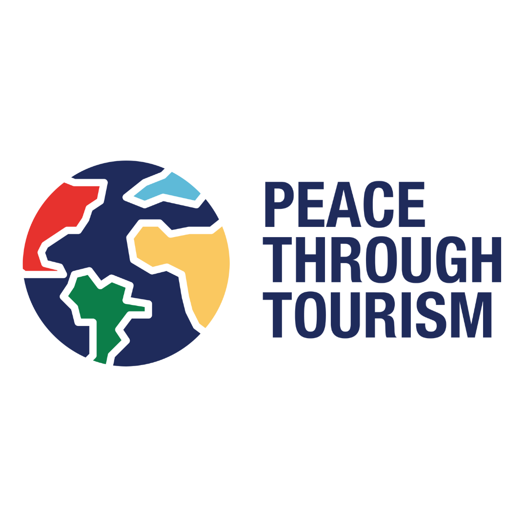 Logo of a globe with colorful continents and the text "Peace Through Tourism" beside it.
