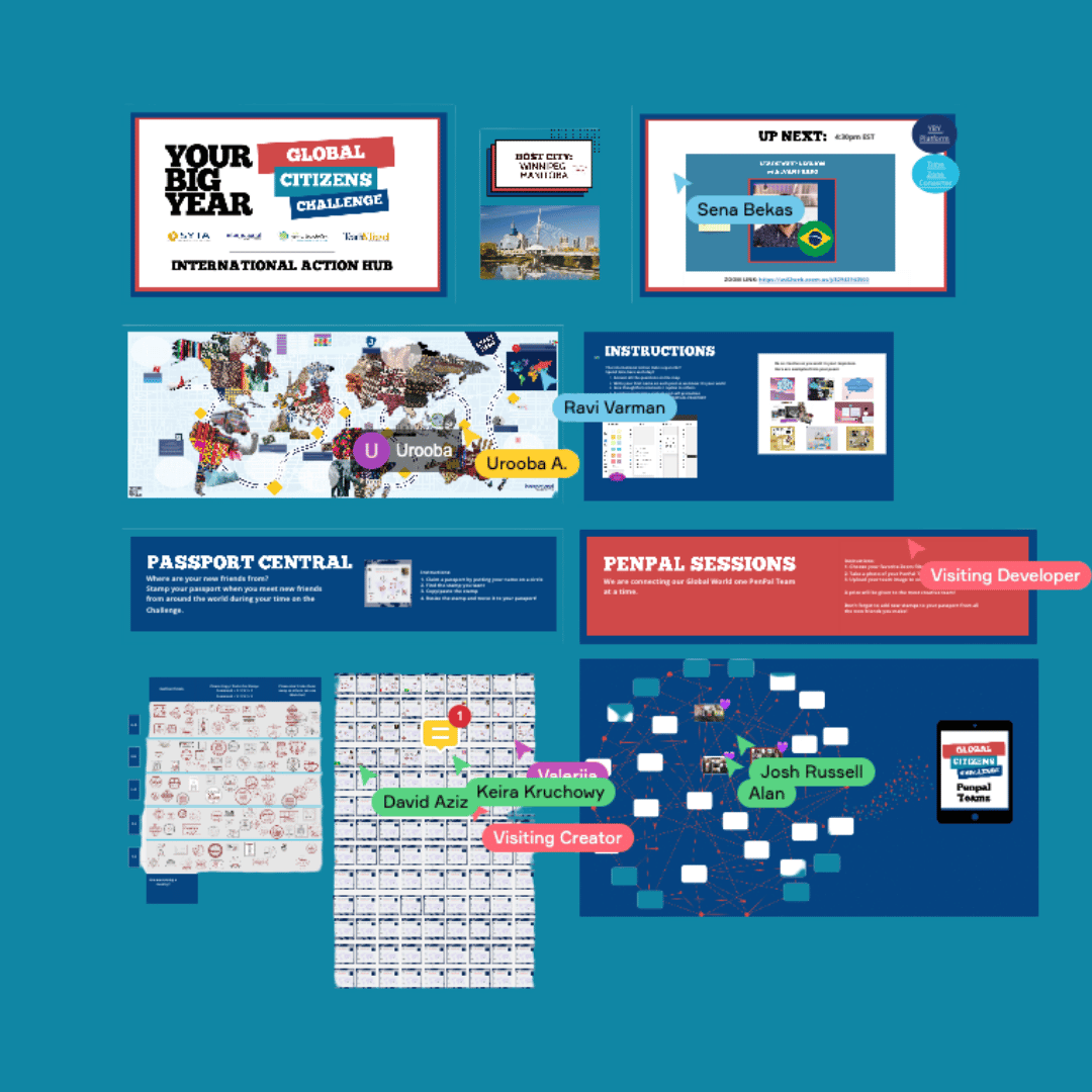 An informational infographic about a global citizens challenge event, displaying various maps, instructions, participant names, and session details.