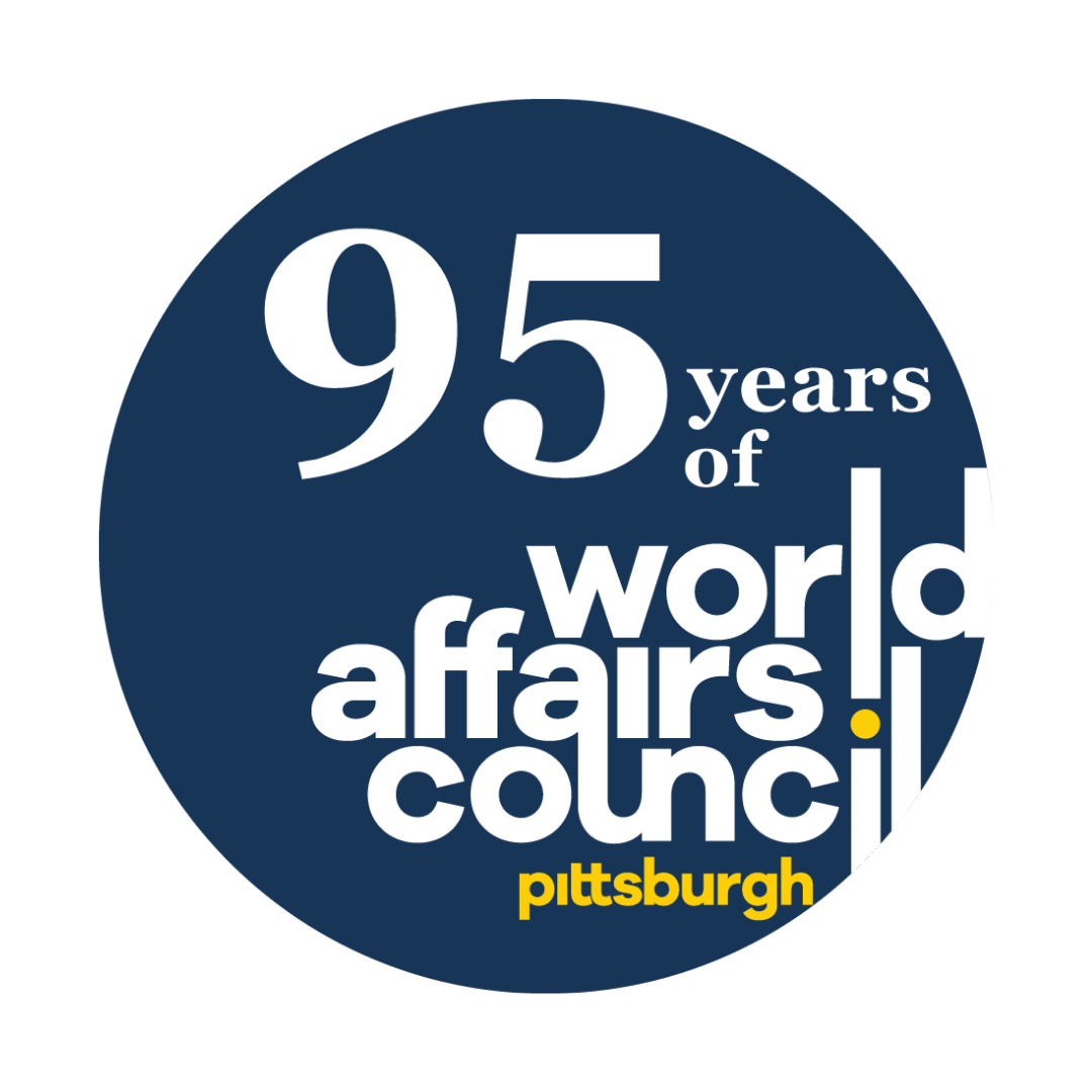 A circular graphic celebrating 95 years of the Pittsburgh World Affairs Council with white and yellow text on a dark blue background.