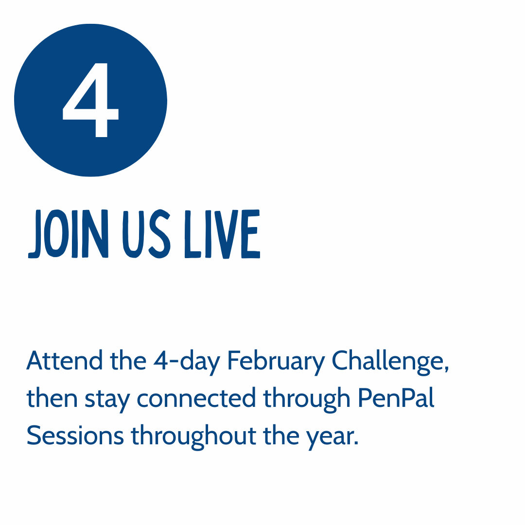 Text promoting a 4-day February challenge with instructions to stay connected through PenPal Sessions throughout the year.
