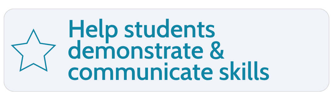 A graphic with a light background featuring a star outline on the left and text on the right in bold blue font that says, "Help students demonstrate & communicate skills."