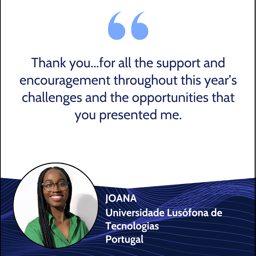 Thank you message with a photo of Joana from Universidade Lusófona de Tecnologias Portugal, featuring a smiling woman with glasses and braids, on a blue wave patterned background.