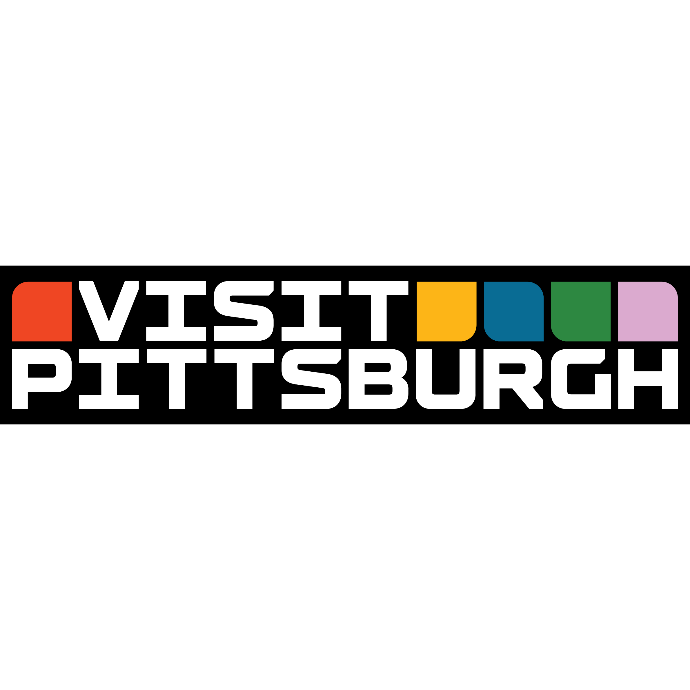 Logo with the text 'Visit Pittsburgh' in white on a black background, with a red square, yellow square, blue, green, and purple squares above the phrase.