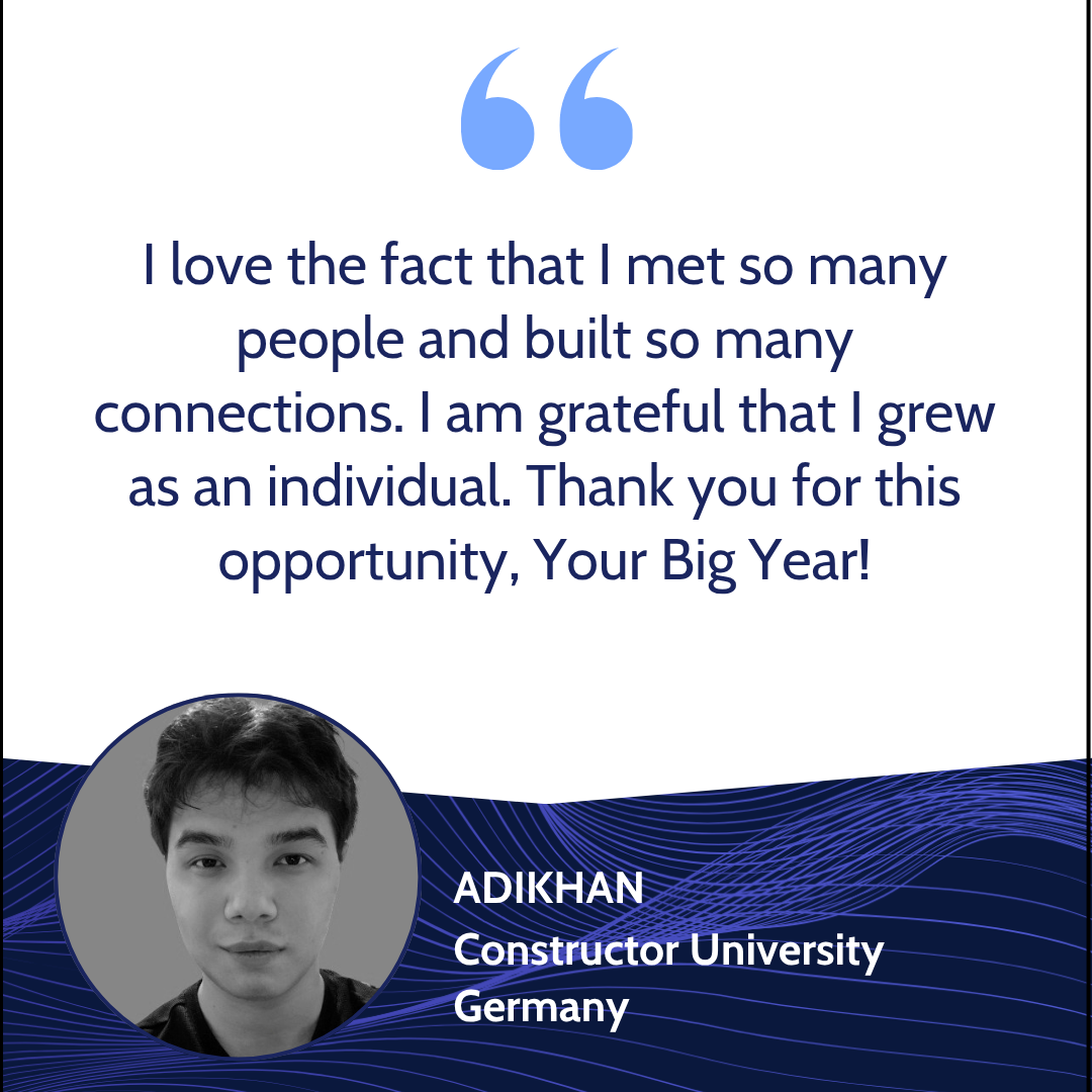 A digital quote graphic featuring a motivational quote about personal growth and connections, attributed to Adikhan from Constructor University in Germany. The graphic includes a grayscale portrait of Adikhan and a blue wave design at the bottom.