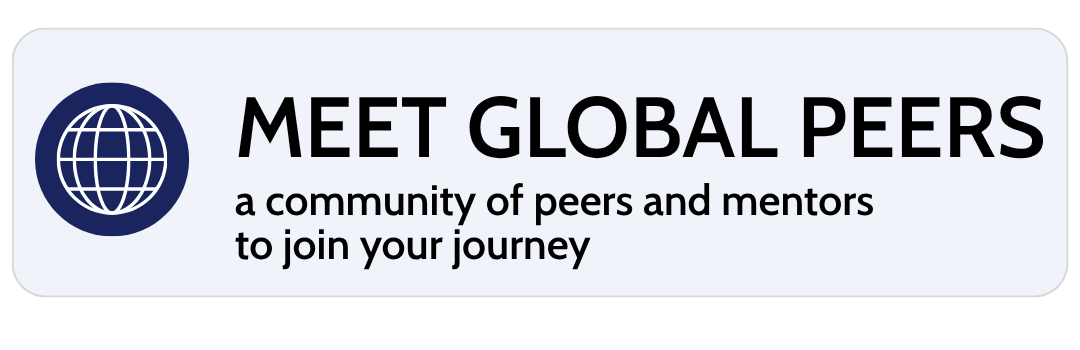 Logo of a globe with latitude and longitude lines; text reads 'Meet Global Peers, a community of peers and mentors to join your journey.'