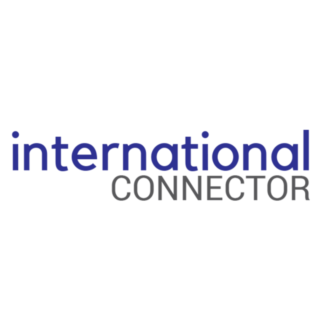 3D text logo reading 'International Connector' with a red dot on the 'i' and a black outline.