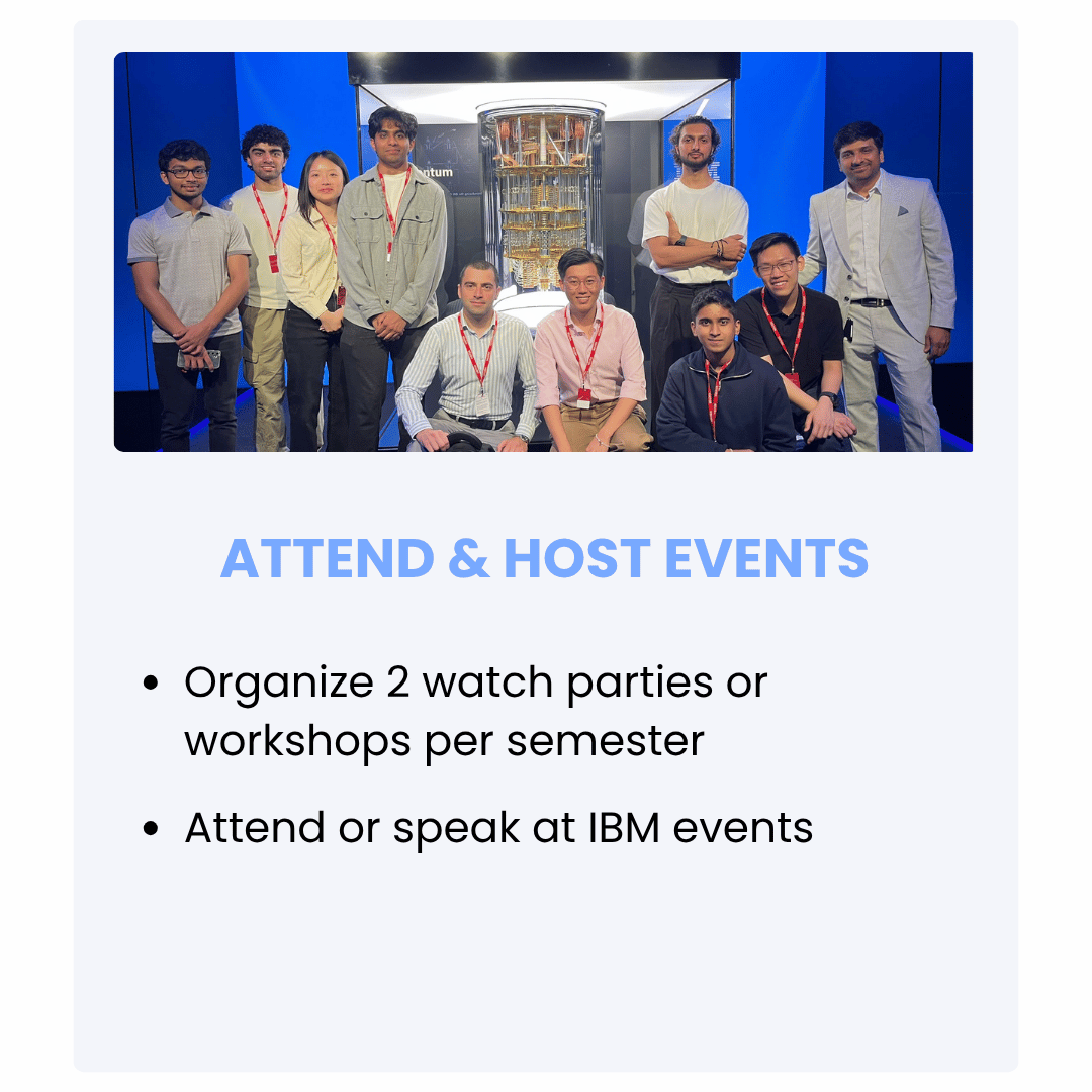 A group of ten diverse young adults posing in front of an IBM quantum computer at an event or conference.