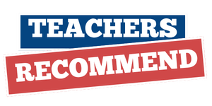 Teachers recommend seal in white, blue, and red colors with bold text.