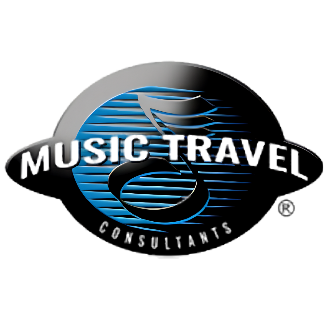 Backlit logo of Music City with a stylized musical note design in black and blue.