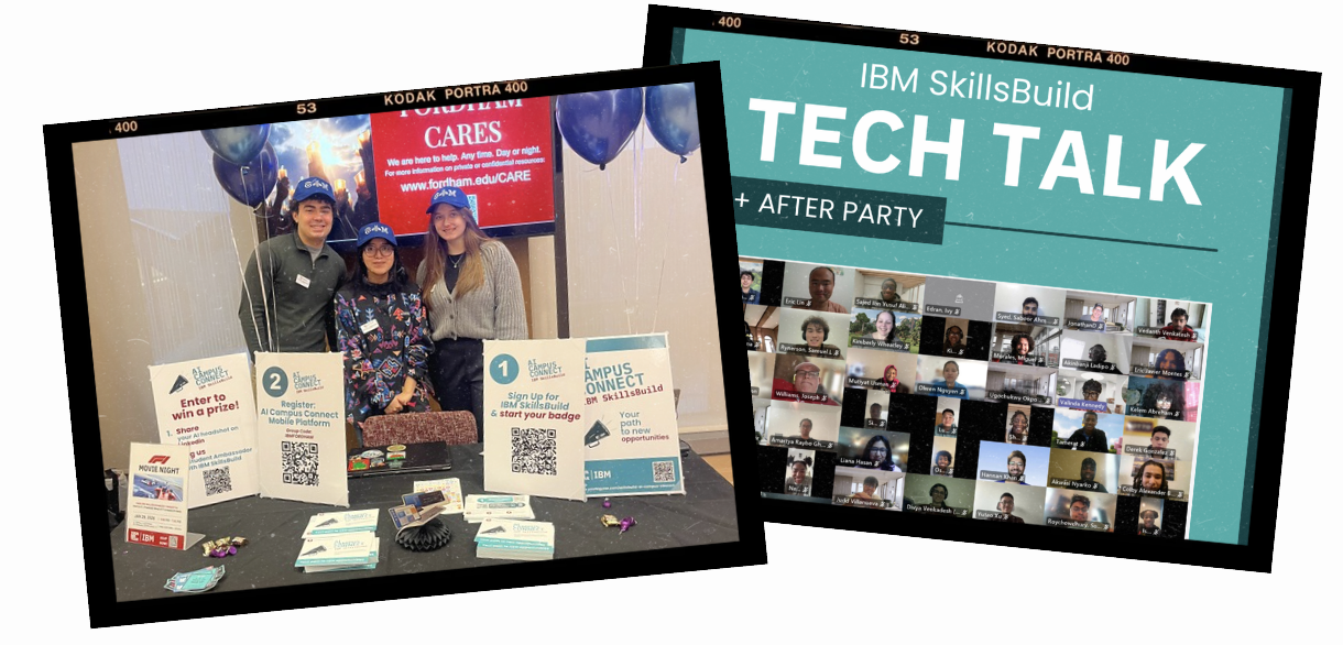 Two digital screens side by side, one showing people at a charity event with signs and prize table, and the other displaying a virtual tech talk with a grid of video participants.