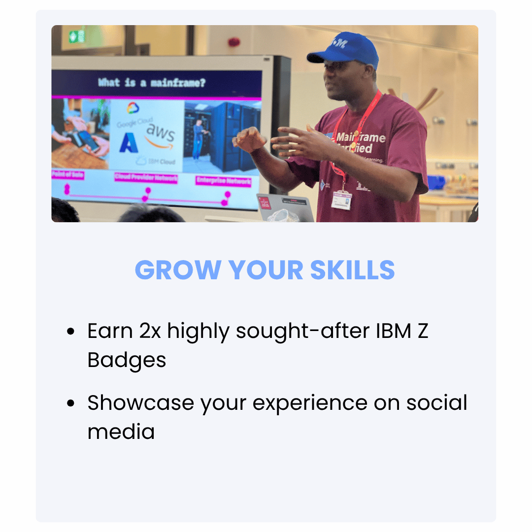 A man wearing a maroon shirt and blue cap giving a presentation about IBM Z skills to an audience, with a screen behind him displaying information about mainframes and cloud infrastructure.