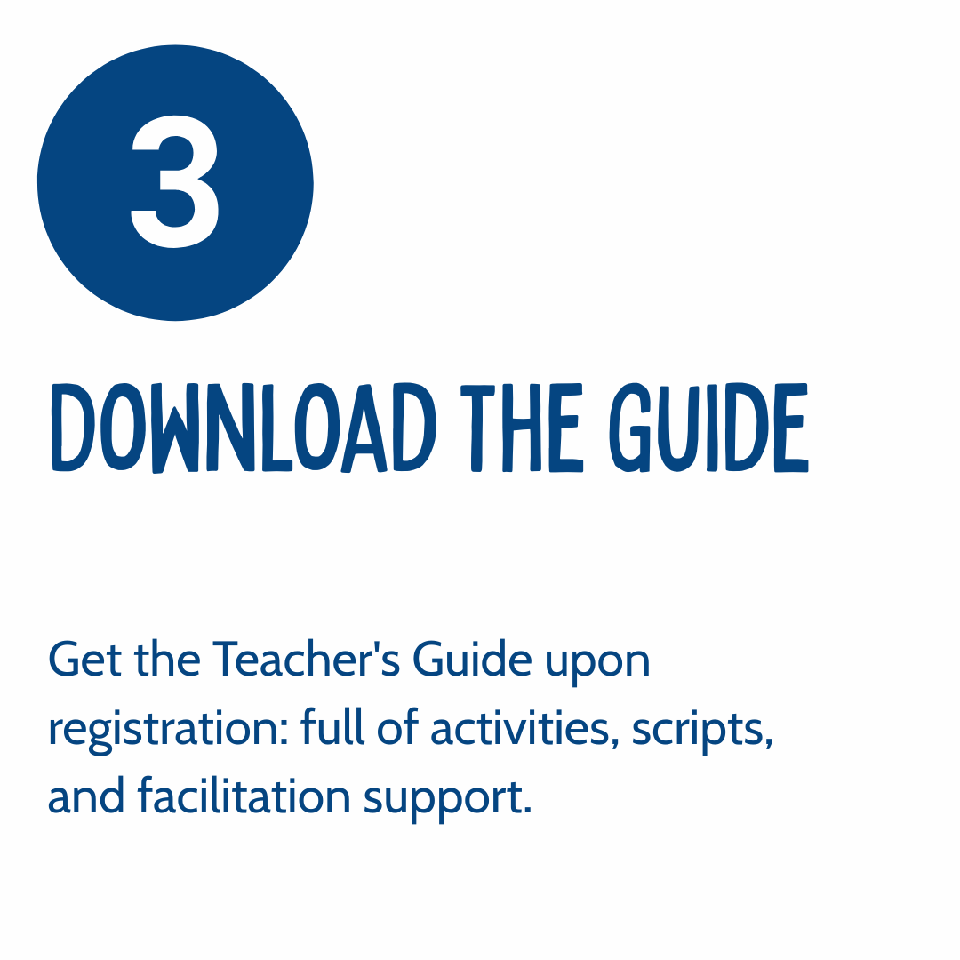 Section number 3 with a blue circle, title 'Download the Guide', and description about obtaining a Teacher's Guide after registration, including activities, scripts, and support.