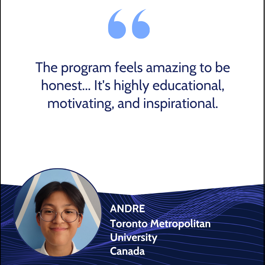 Quote about an educational program, with a photo of Andre from Toronto Metropolitan University in Canada, featuring a blue wave design at the bottom.