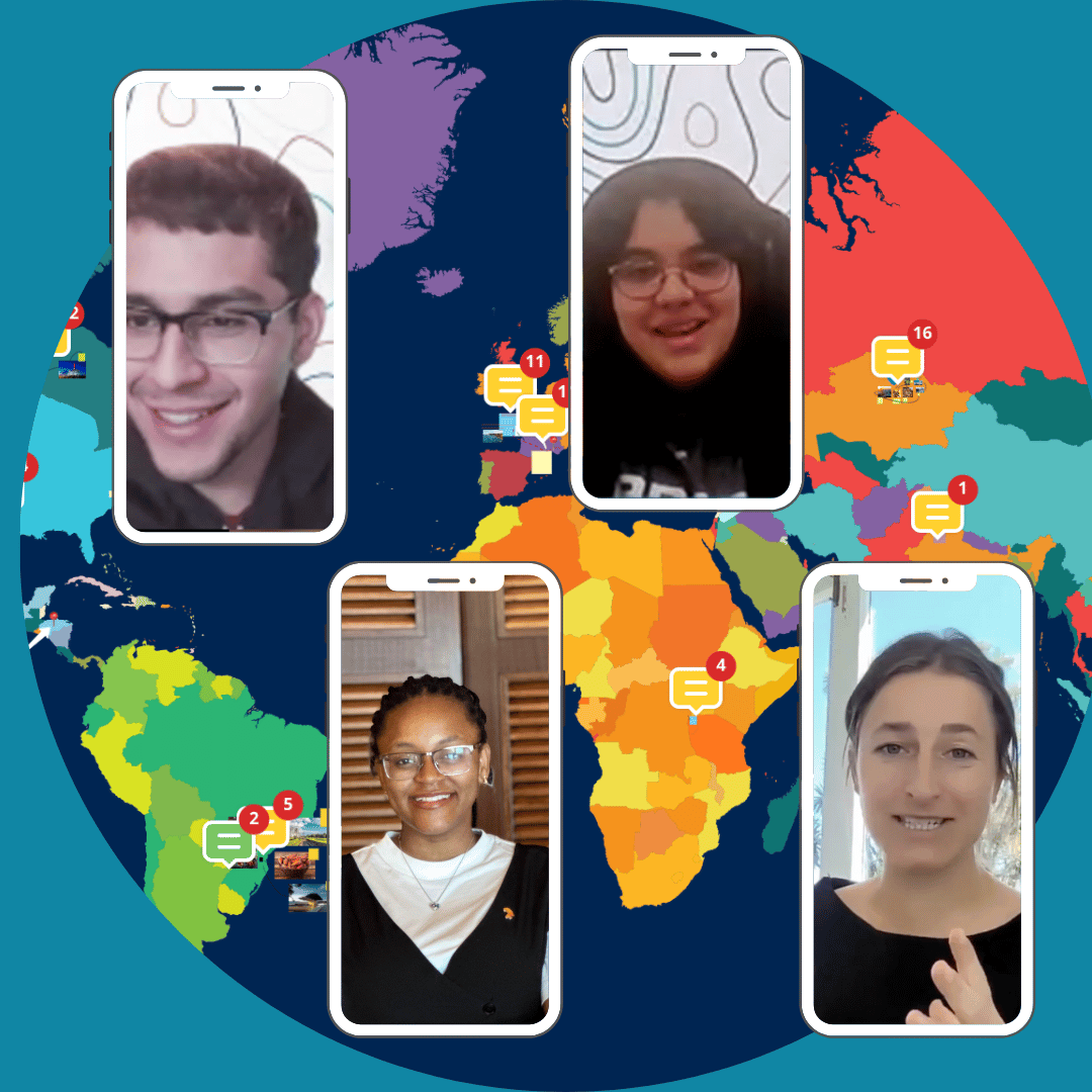 Digital illustration of a world map with four video call screens showing four diverse people with different backgrounds and expressions, overlaid on the map. The map is colorful, representing different countries and continents, with notification icons indicating unread messages or notifications on some screens.