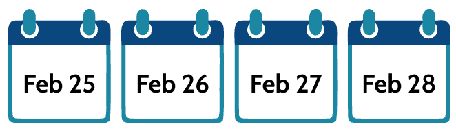 Four calendar pages showing dates February 25, 26, 27, and 28.