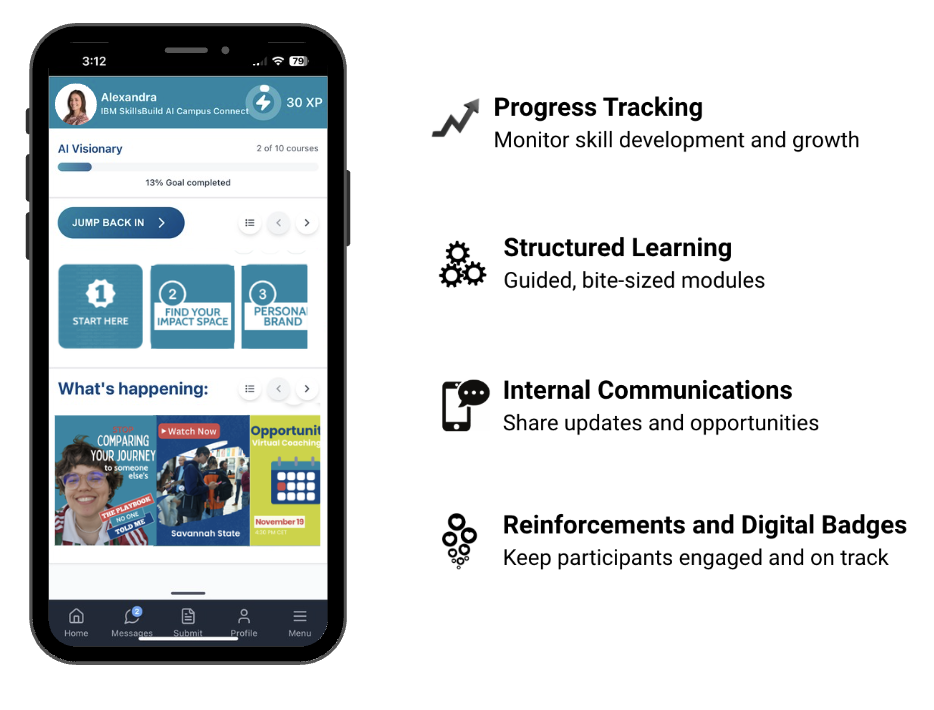 Smartphone screen displaying an educational app with course progress, modules, news updates, and navigation menu at the bottom.