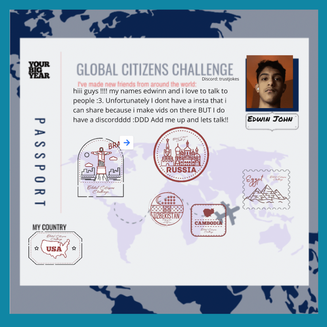 A digital map with a world overview showing various country stamps and a profile photo of a young man with dark hair. The map highlights countries including Russia, Uzbekistan, Cambodia, Egypt, and the USA. The map and stamps suggest a theme of global travel or cultural exchange.