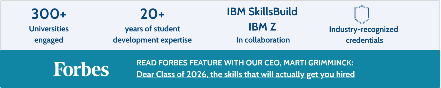 A informational graphic with details about a program, including stats like 300+ universities engaged, 20+ years of student development expertise, IBM SkillsBuild in collaboration with IBM Z, industry-recognized credentials, and a Forbes feature about skills for 2026.