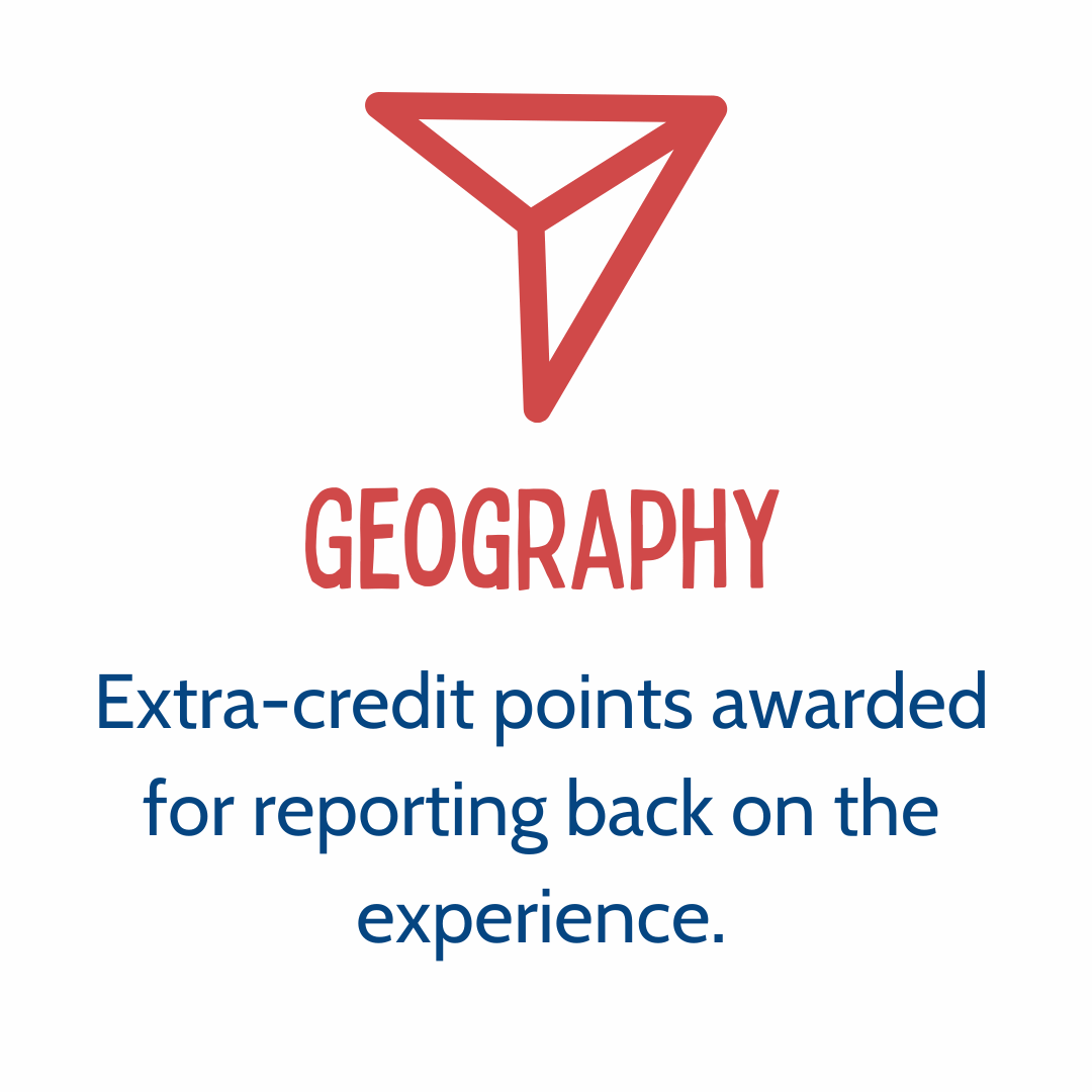 A graphic with a red geometric symbol and the word 'GEOGRAPHY' in red capital letters, followed by the blue text: 'Extra-credit points awarded for reporting back on the experience.'