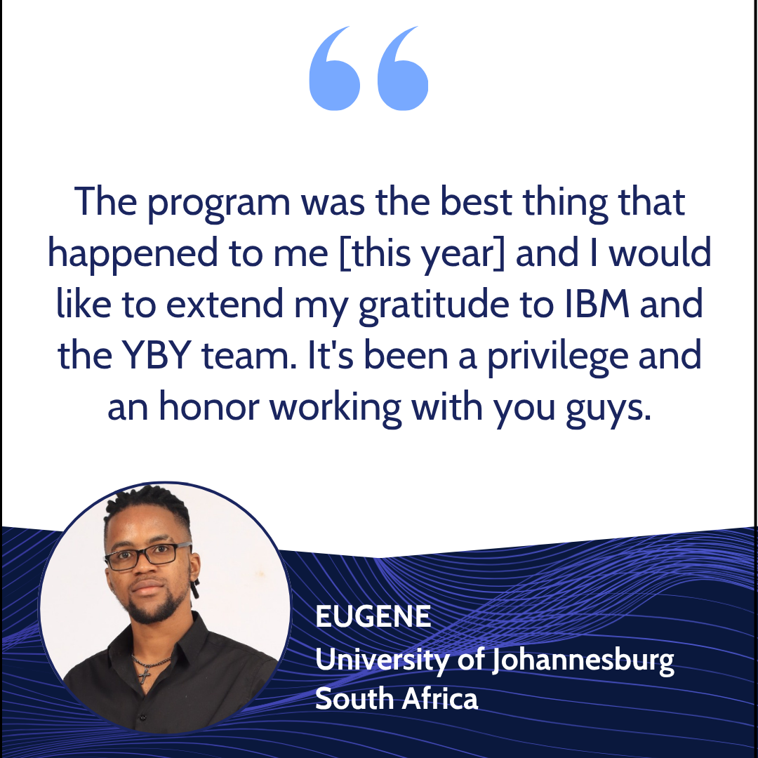 Quote from Eugene, from the University of Johannesburg in South Africa, expressing gratitude for a program and working with the YBY team, with a photo of Eugene in the lower left corner on a blue wave background.