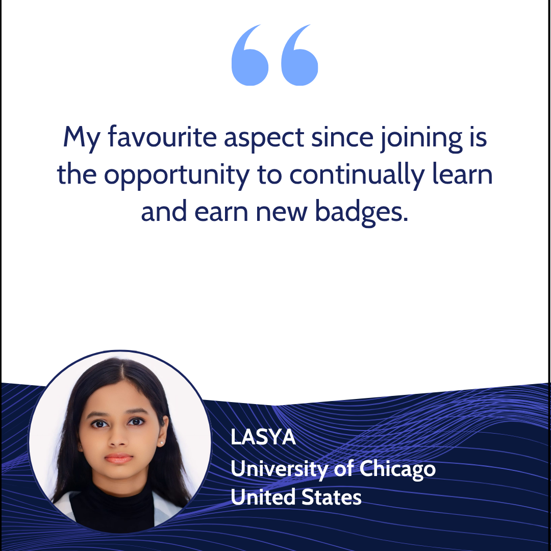 Quote about learning and earning badges, with a photo of Lasya from University of Chicago in the lower-left corner, and a blue wave design background.