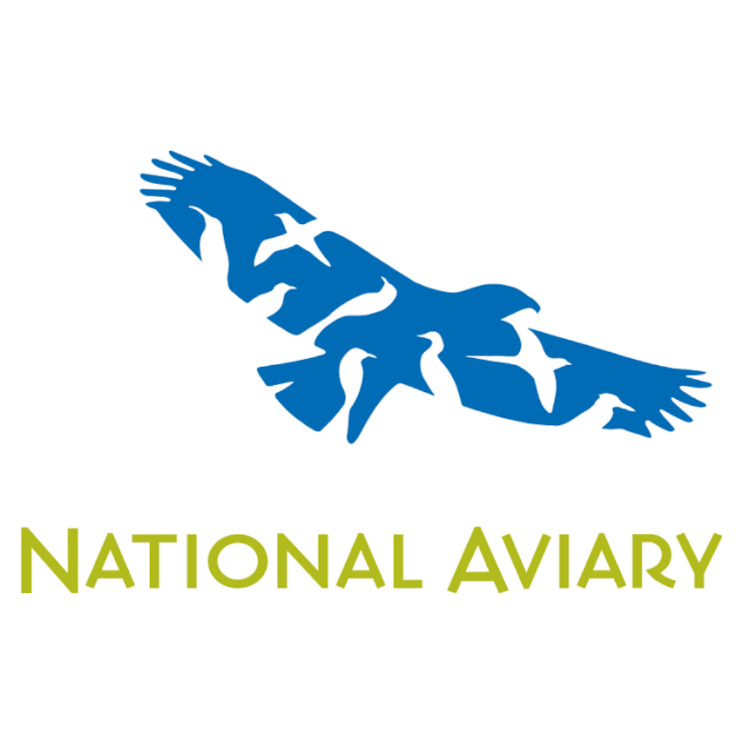 A blue silhouette of a bird in flight with white bird outlines inside it, above the text 'NATIONAL AVIARY' in green.