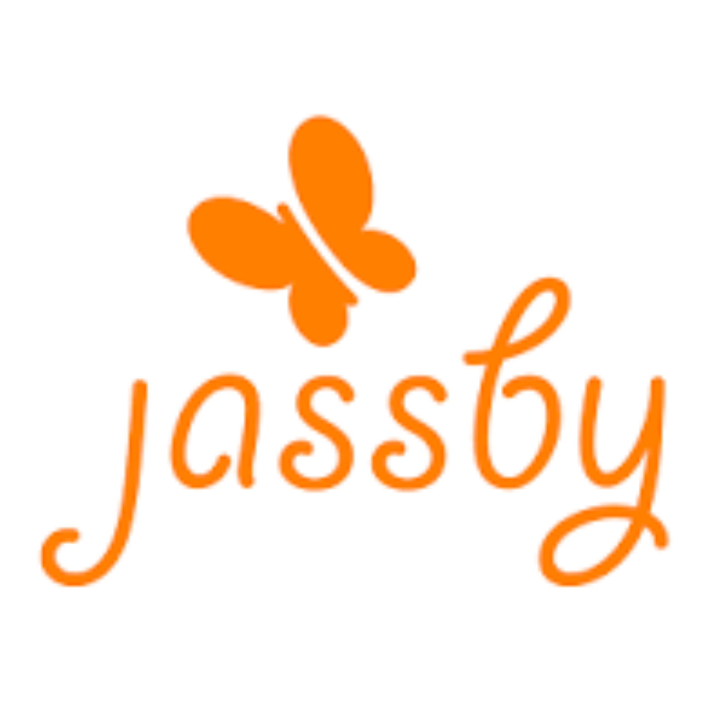 Orange butterfly above the word "jassy" written in orange cursive font.