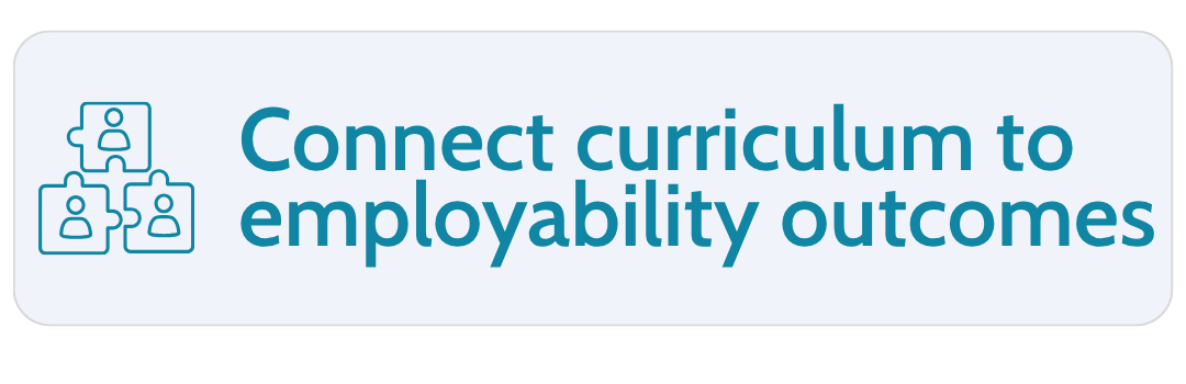 Text on a digital screen that reads, 'Connect curriculum to employability outcomes', with an icon of three interconnected puzzle pieces, each containing a person silhouette.