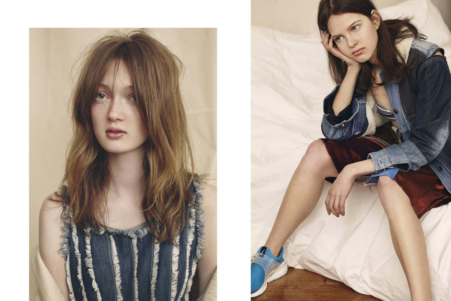 Sophia wears coat by BOBBY KOLADE dress by JEAN PAUL GAULTIER JEANS VINTAGE . Jule wears jeans jacket by VOLCOM