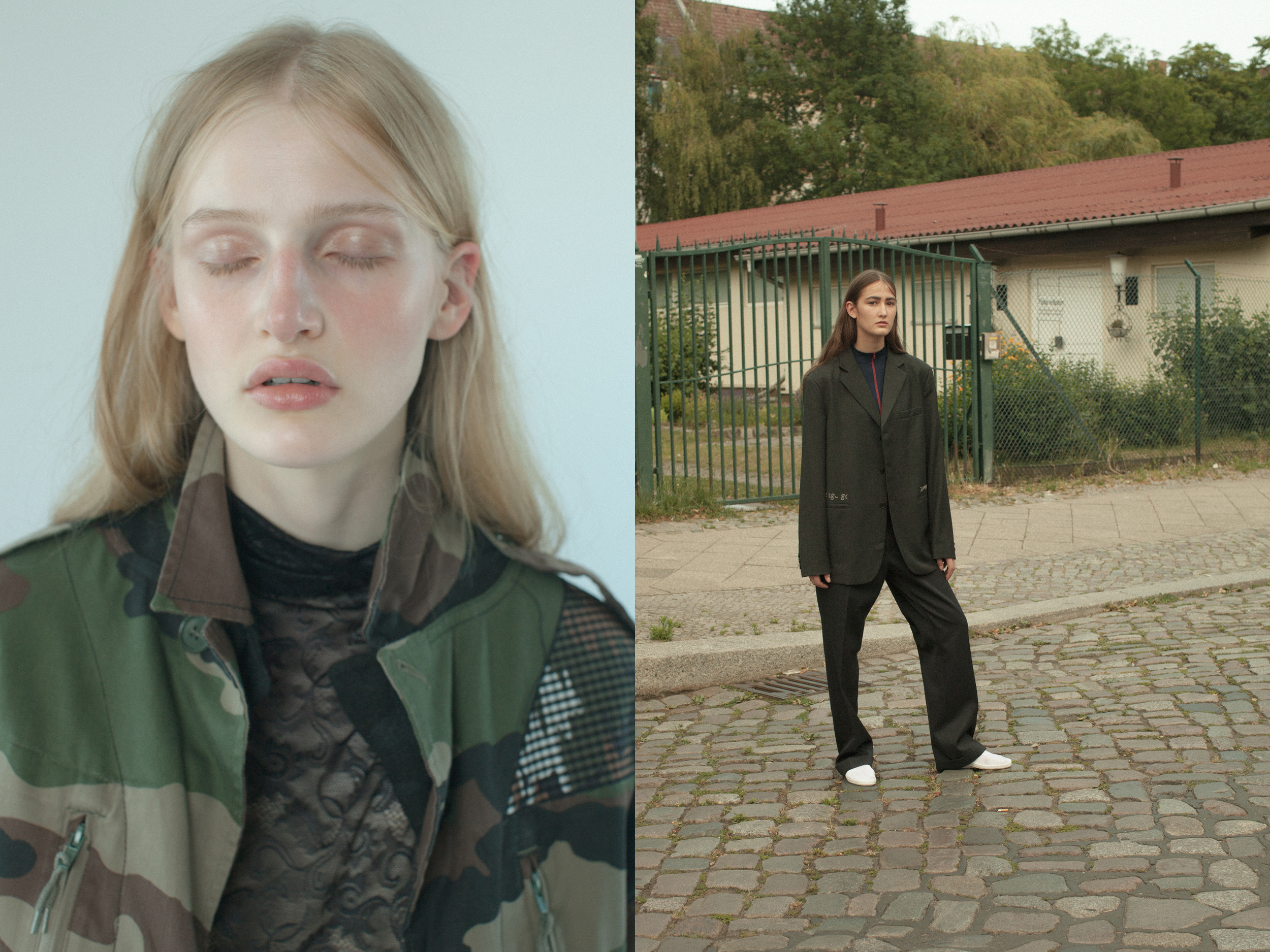 Leah wears top by PATSYPILLYLINDALINE and jacket by ANTONIO MARRAS . Jessica wears body by YUMIKO jacket by KOMAKINO trousers by PAUL SMITH shoes by THE ORIGINAL NU .