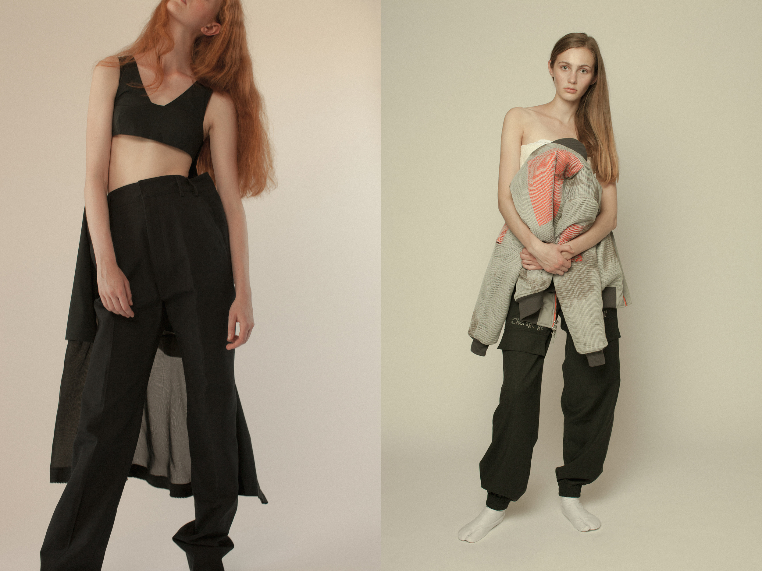 Christy wears dress by NAM NGUYEN trousers by GUCCI . Elsa wears bomber jacket by KOMAKINO bra by SAMPLE CM trousers by KOMAKINO socks by TABI SOCKS KIMONOMONO .
